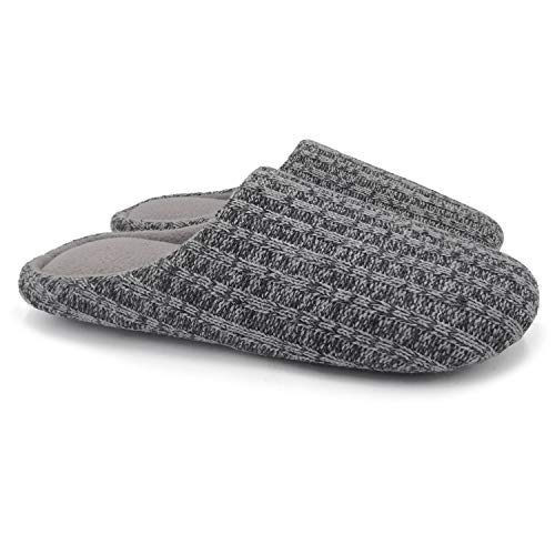 ofoot Damen Hausstrick Hausschuhe Indoor mit warmem, bequemem Fuzzy Fleece Futter Memory Foam Einlegesohlen Rutschfeste Gummisohlen (Hellgrau, 43/44 EU) von ofoot