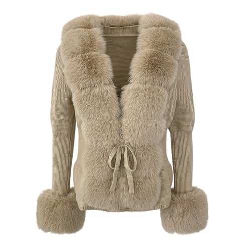 OFTBUY Winter 2024 neue warme gestrickte Pullover Nachahmung Fuchs Pelz Kragen Frauen modische Kunstpelz manuell gestrickt Pullover (Einheitsgröße,Khaki) von OFTBUY
