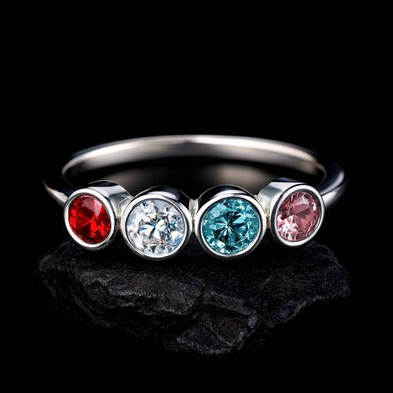 Solider 8K Gold Vier Stein Birthstone Ring - D Farbe Vvs1 Moissanite Familienring, Benutzerdefinierte Multi-Edelstein Stapelring, Sinnvolles von ohannescorlu