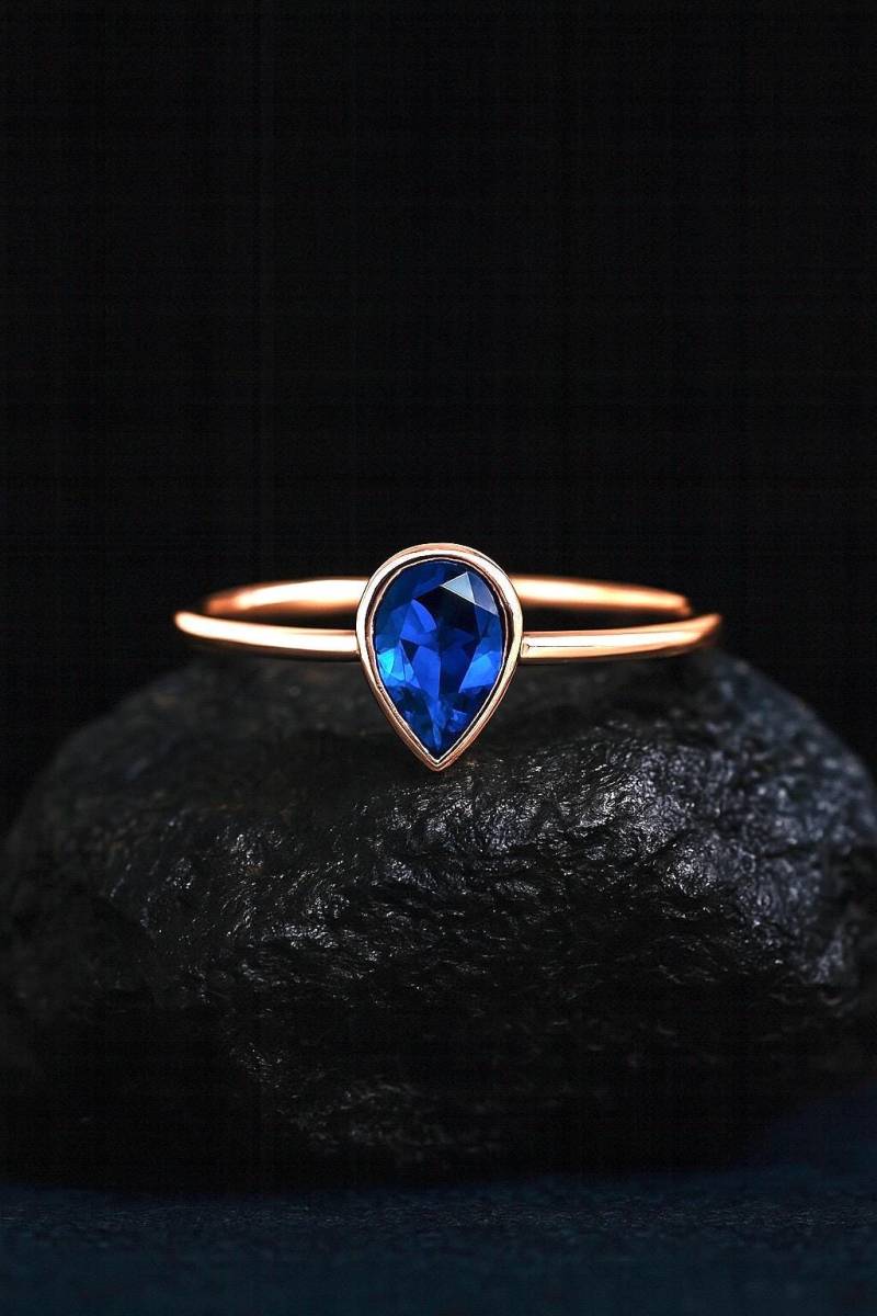 8K Gold Cz Saphirring/Goldring Birnenring Tropfenring ~ Handgemachter Saphirschmuck von ohannescorlu
