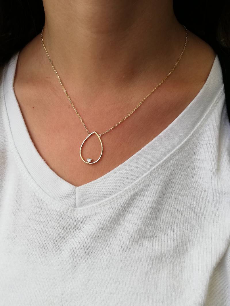 Offene Birne Floating-Halskette - Diamant-Birnen-Halskette 14K Goldkette Handgemachte von ohannescorlu