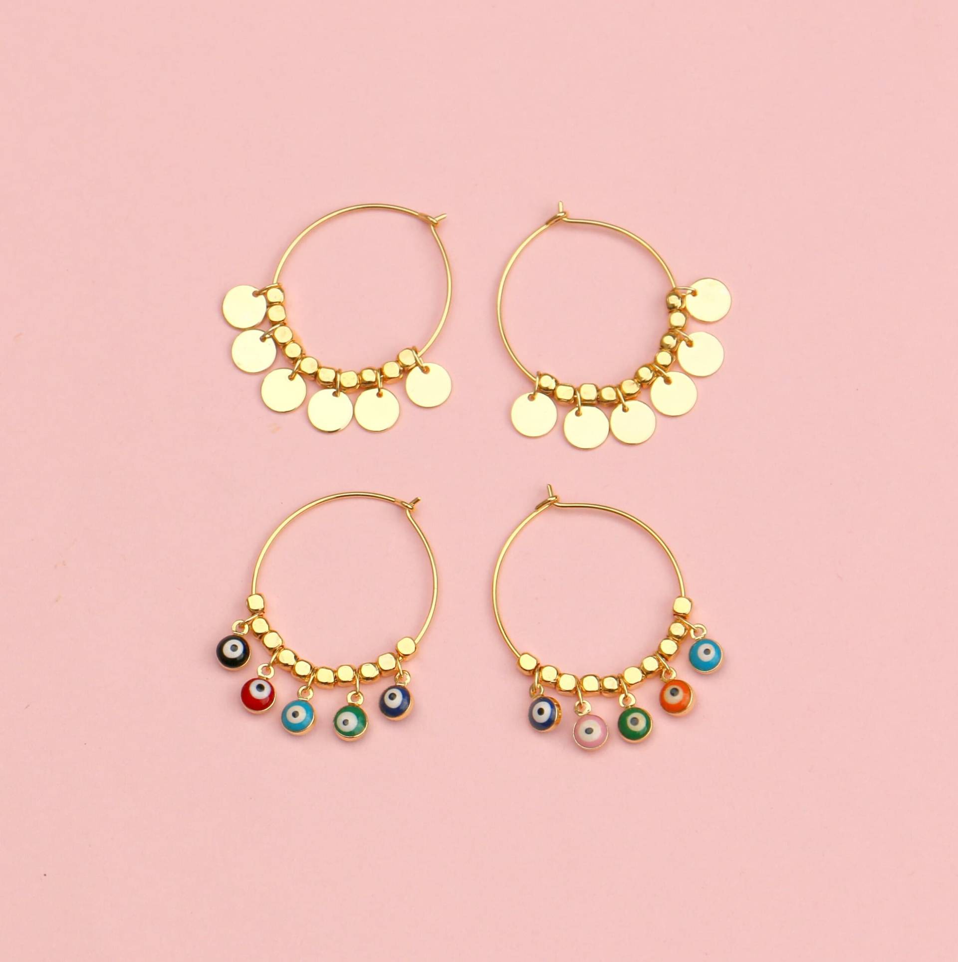 Boho Creolen Gold Mit Anhänger Plättchen Oder Evil Eye von ohfunky