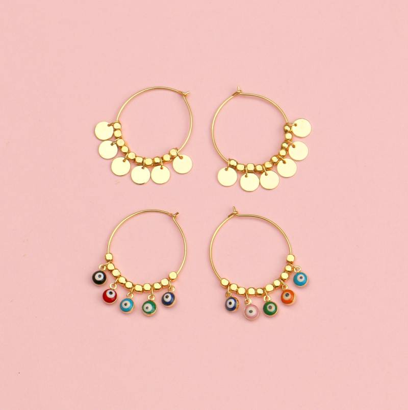 Boho Creolen Gold Mit Anhänger Plättchen Oder Evil Eye von ohfunky