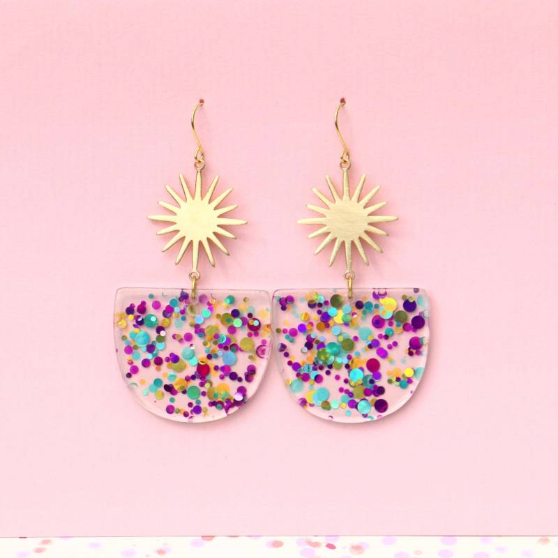Bunte Konfetti Pailletten Statement Hängeohrringe Aus Acryl Und Messing von ohfunky