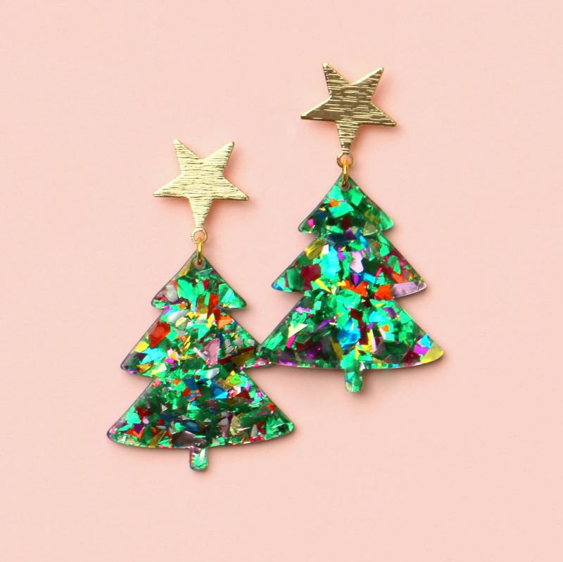 Funkelnde Weihnachtsbaum Ohrringe Glitzernde Tannenbaum Hängeohrringe von ohfunky