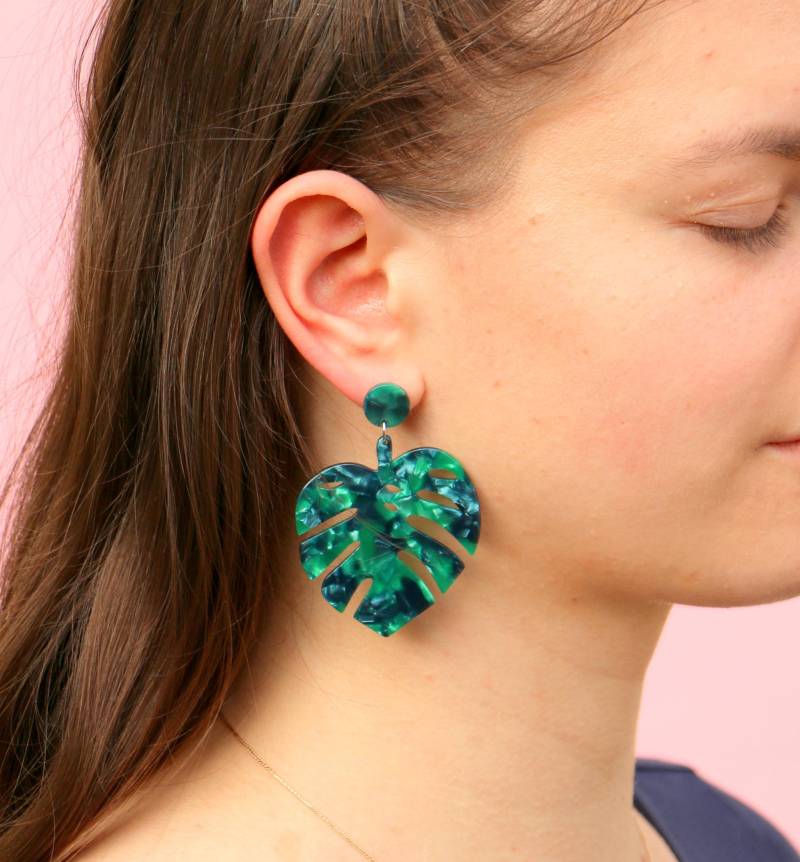 Große Monstera Blatt Ohrringe, Acetat Statement Ohrringe Grün von ohfunky