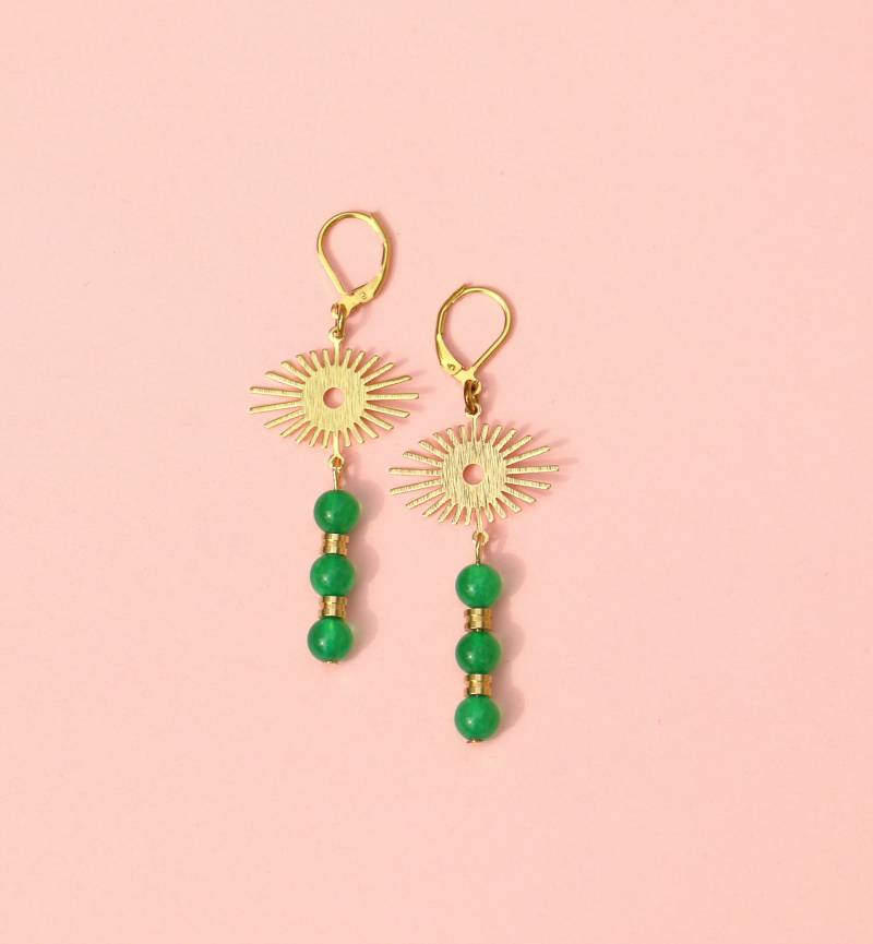 Hängeohrringe Grün Gold Sonne Mit Jade Perlen von ohfunky