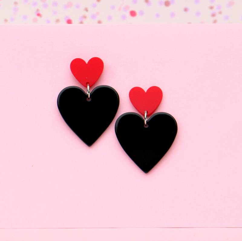 Herz Ohrringe Hängend Schwarz Rot von ohfunky