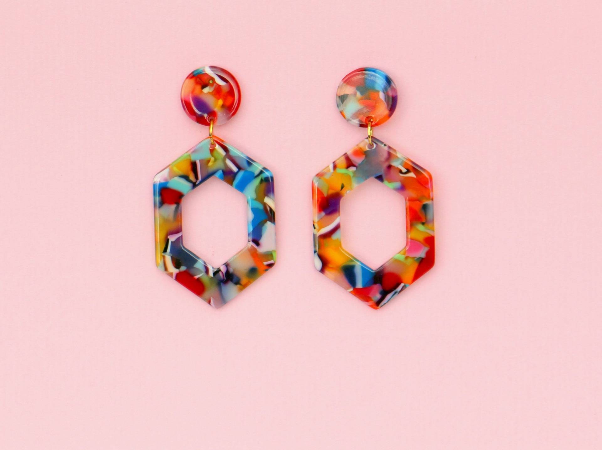 Sechseck Ohrringe Acetat Bunt von ohfunky