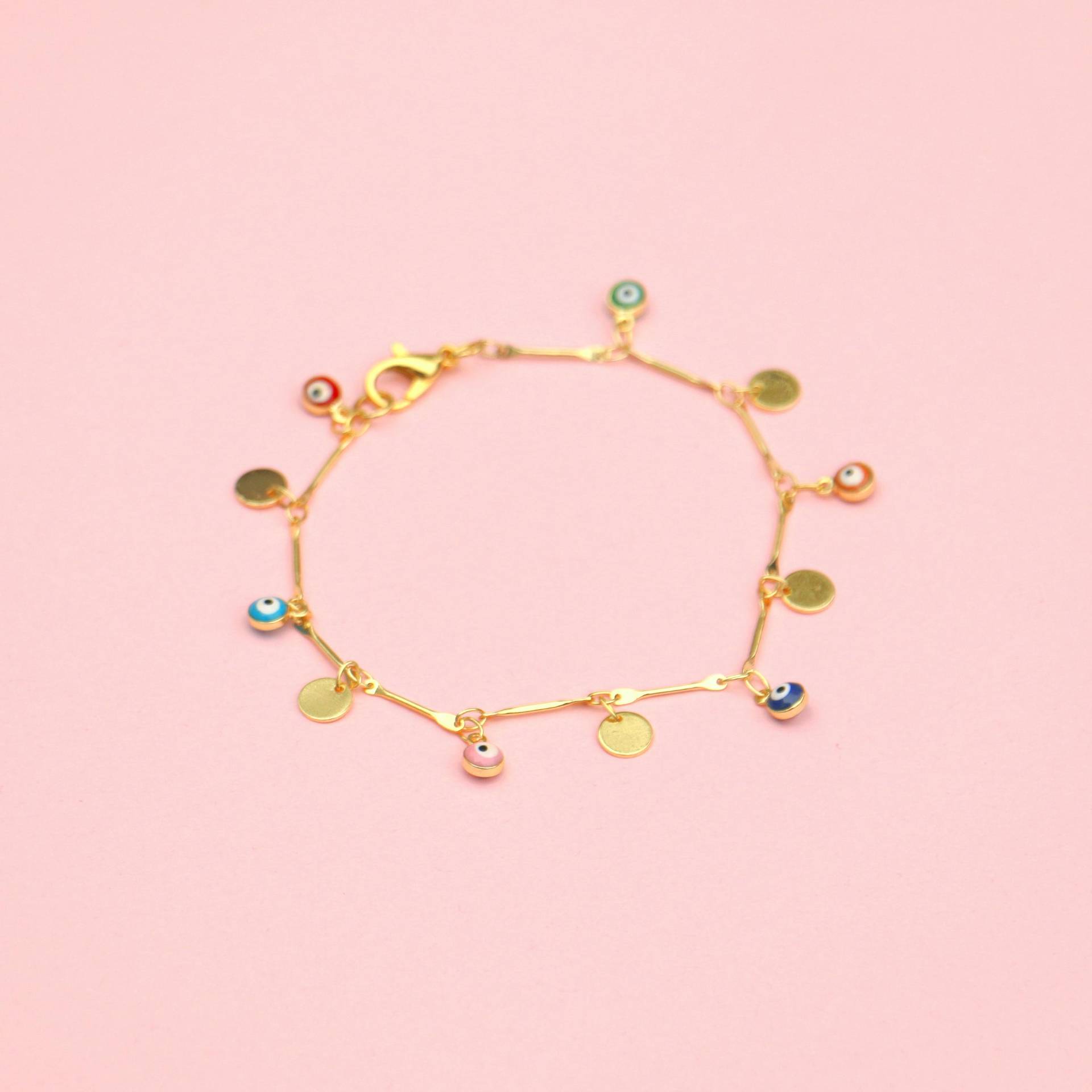 Zierliches Bettelarmband Gold Plättchen Und Evil Eye von ohfunky