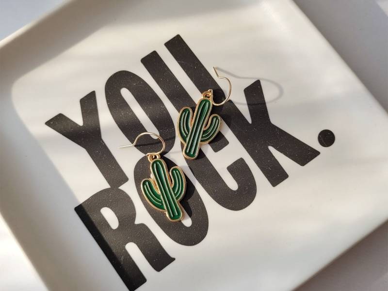 Kaktus Emaille Ohrringe Hypoallergene 14K Gold Fill, Natur Inspirierter Schmuck von ohjousan