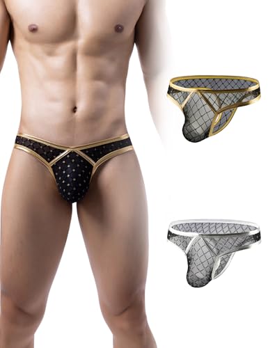 ohmydear 2er String Tanga Männer Netz und Kunstleder Erotische Strings für Herren Sexy Unterwäsche für Mann mit Bulge Pouch Atmungsaktiv Low Rise Unterhosen Gold & Silber Flockgitter Gay Thongs von ohmydear