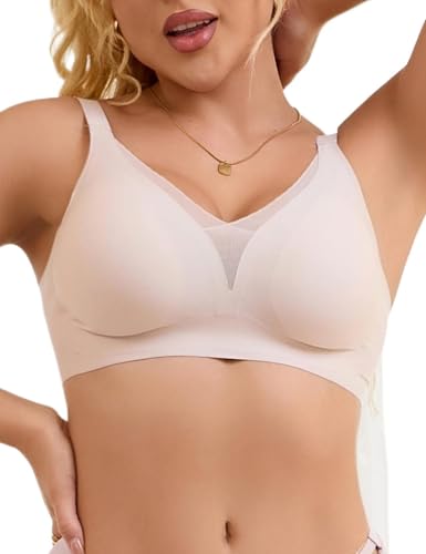 ohmydear Damen Nahtloser BH ohne Bügel Nahtloser BH für Kleine Brüste Mesh Bralette Gepolstert V-Ausschnitt Bügelloser Bustier für T Shirt & Schlaf Beige XL ohmydear Damen Nahtloser BH ohne Bügel Nahtloser BH für Kleine Brüste Mesh Bralette Gepolstert V-Ausschnitt Bügelloser Bustier für T Shirt & Schlaf Beige XL von ohmydear