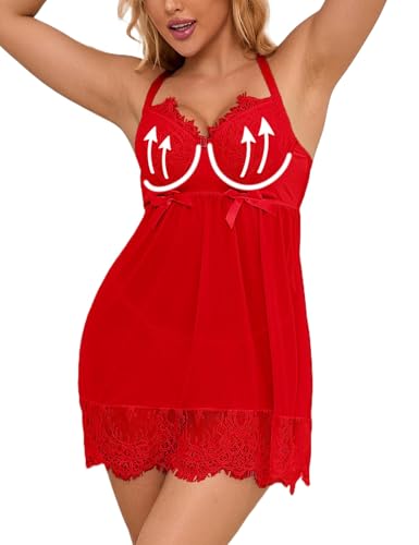 ohmydear Babydoll Negligees für Damen Curvy Lingerie for Women Push Up Babydoll Dessous Transparent Chemise Große Größe Nachthemd V Ausschnitt Nachtwäsche mit Sting Rot von ohmydear