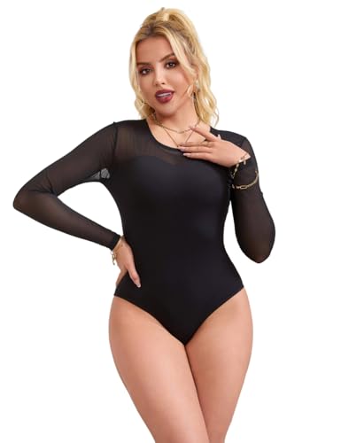 ohmydear Body Damen Langarm Schwarz Bodysuit Women Elegant Sexy Jumpsuit Oberteil Rundhals Langarmbody Sexy Sheer Mesh Tops Unterziehbody für Frauen von ohmydear