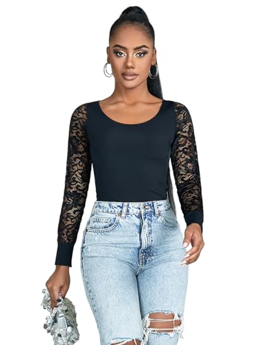 ohmydear Damen Bodys Langarm Bodysuit Sexy Rundhals Body Overall Spitze Damenbodys Große Größen Unterziehbody Elegant Jumpsuit Snap Crotch Oberteil von ohmydear