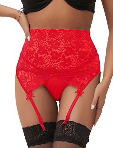 ohmydear Damen Strumpfgürtel Spitze Strapsgürtel Strumpfhalter Dessous Strapshalter Strumpfbänder mit 4 Verstellbaren Clips String Schwarz von ohmydear