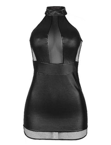 ohmydear Damen Leder Kleider Wetlook Neckholder Minikleid Kurz Partykleid Clubwear Nachtwäsche Party Dress Cocktailkleid Schwarz von ohmydear