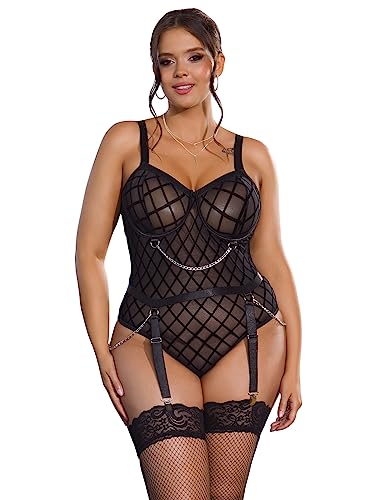 ohmydear Damen Sexy Dessous Spitze Kariert Teddy Bodysuit Große Größen Bodys Abnehmbarer Ketten Gürtel Reizwäsche Unterwäsche Snap Crotch Overall mit 4 Strumpfbändern von ohmydear