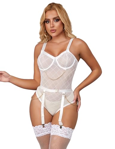 ohmydear Damen Sexy Dessous Spitze Kariert Teddy Bodysuit Große Größen Bodys Abnehmbarer Ketten Gürtel Reizwäsche Unterwäsche Snap Crotch Overall mit 4 Strumpfbändern von ohmydear