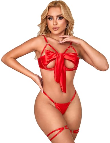 ohmydear Damen Sexy Strapse Dessous Erotik Schleife Dessous Sexy Satin Reizwäsche 3er Pack Unterwäsche für Sex Lingerie mit Bogen Bügel BH + Panty + Beinring Set Schwarz Rot von ohmydear