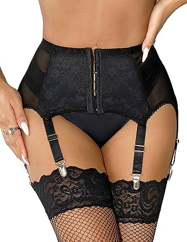 ohmydear Damen Sexy Strapsgürtel Hohe Taille Strumpfgürtel Strapse Dessous Bauchweg Strumpfband Haken und Ösen Garter Belt mit 6 Metall Clips Strapshalter von ohmydear