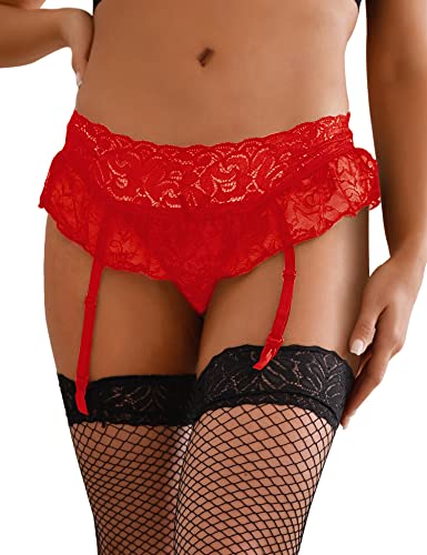 ohmydear Damen Strumpfgürtel Strapsgürtel Spitze Strumpfhalter Hosenträgern Strumpfband Strapshalter mit 4 Verstellbaren Clips Rot von ohmydear