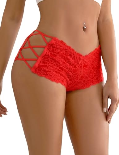 ohmydear Damen Unterhosen Spitze Höschen Hohe Taille Hipster Unterwäsche für Frauen Große Größen Brazilian Slips Sexy Atmungsaktive Reizwäsche Kreuzgummi Woman Pantys Rot M-L von ohmydear