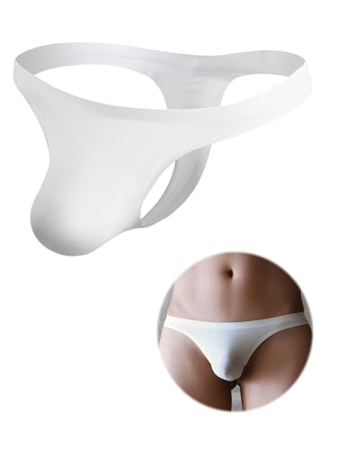 ohmydear Herren Unterwäsche Eisseide String Tanga Männer Nahtlose Slips mit U-Beutel Design Niedrige Taille Thong T Back Bequem und Atmungsaktiv ohne störende Etiketten Weiß L von ohmydear