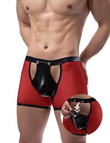 ohmydear Herren Boxershorts Leder Boxerbriefs Erotisch Reizwäsche für Sex Mesh Unterwäsche Männer Sexy Unterhose Wetlook String Shorts Openable Pouch mit Druckknöpfe von ohmydear