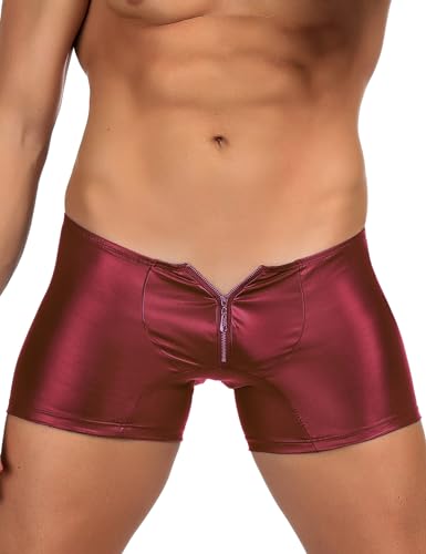 ohmydear Herren Reizwäsche Leder Boxershorts Erotik Latex Shorts mit Bulge Pouch und Reißverschluss Wetlook Männer Sexy Unterwäsche Clubwear Hipster Sissy Gay Slips von ohmydear