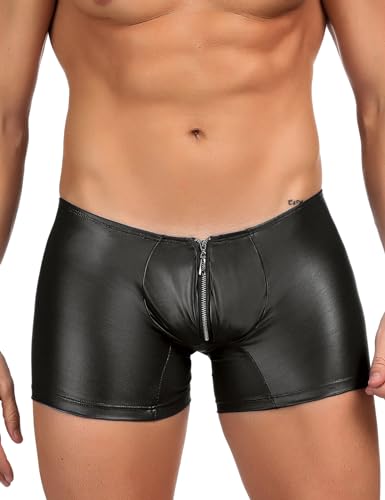 ohmydear Herren Reizwäsche Leder Boxershorts Erotik Latex Shorts mit Bulge Pouch und Reißverschluss Wetlook Männer Sexy Unterwäsche Clubwear Hipster Sissy Gay Slips von ohmydear