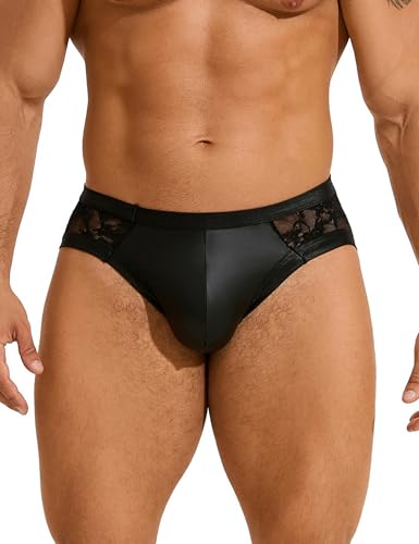 ohmydear Herren Spitze Slip PU-Leder String Tanga Männer Sexy Wetlook Unterwäsche Große Größen Low-Rise Transparent Unterhosen Dessous Schwarz M von ohmydear