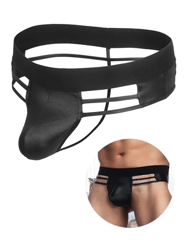 ohmydear Herren String Tanga T-Back Ouvert Unterhosen Männer Höschen Kunstleder Jockstrap Erotische Thongs Sexy Slips für Mann Reizwäsche Große Größen Schwarz L von ohmydear