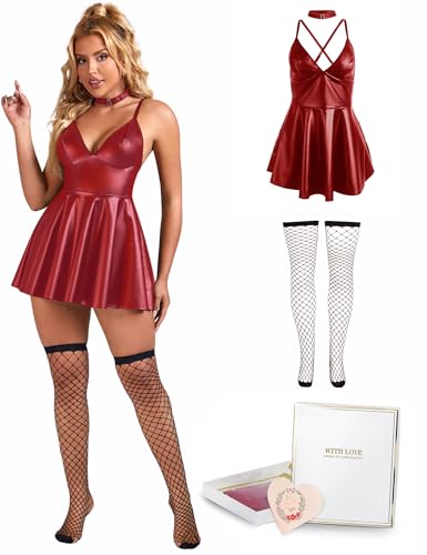 ohmydear Lederkleid Damen Sexy Kurz Babydoll Leder Dessous Damen A-Linie Clubwear Sexy Outfit für Frauen Curvy Unterwäsche Wetlook Kleid für Party von ohmydear