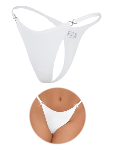 ohmydear Mini String Tanga Damen mit Strass Nahtlose Slips Niedrige Taille G String Tangas für Frauen T Back Unterhosen Dünn Thong Große Größen Höschen Weiß XXL von ohmydear
