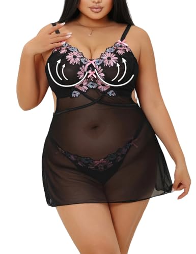 ohmydear Nachthemd Damen mit Bügel Große Größen Push Up Negligee Damen Babydoll Dessous Curvy für Frauen Nachtkleid Mesh Nachtwäsche Set Schwarz XL von ohmydear