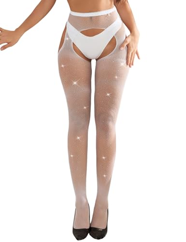 ohmydear Netzstrumpfhose Schwarz Glitzer Strumpfhosen Damen Heiß Offen Schritt Fishnet Stockings mit Strass Übergröße Netzstrümpfe Hohe Taille Fischernetz Stocking Nylon für Damen von ohmydear