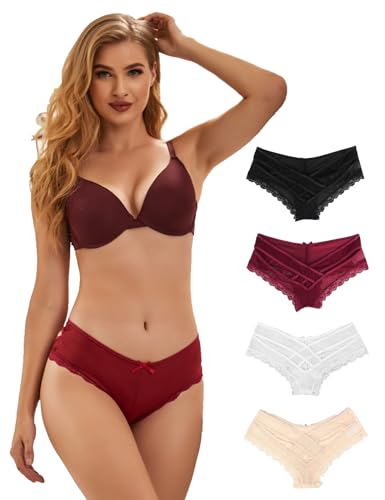 ohmydear Pantys Damen 1/2/3/4er Pack Slips Sexy Niedrige Taille String Tangas Spitze Bikini Unterhosen Sexy Bauchweg Unterwäsche für Frauen Mesh Atmungsaktiv Underwear von ohmydear