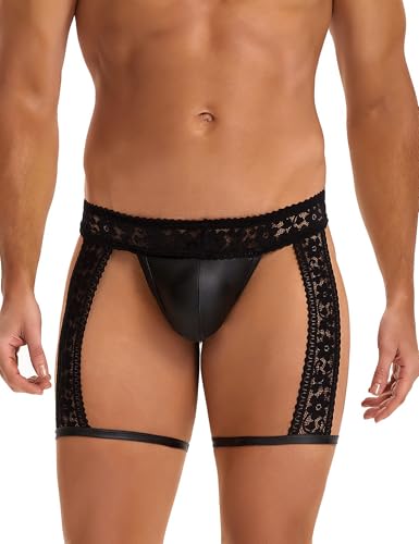 ohmydear Herren Unterwäsche Spitze String Tanga T-Back Männer PU Leder Unterhosen Sexy Reizwäsche Höschen mit Strumpfband Große Größen Sissy Dessous für Crossdresser Clubwear Cosplay Schwarz L von ohmydear