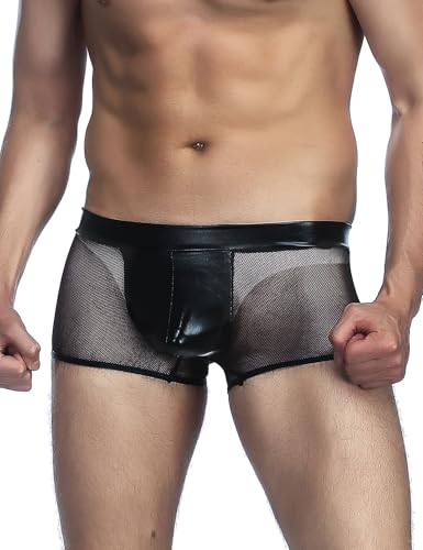 ohmydear Sexy Boxershorts Herren Unterwäsche Transparent Mesh Unterhosen für Männer Kunstleder Durchsichtige Reizwäsche für Sex Große Größen Clubwear Schwarz für Party, Nachtclubs M von ohmydear