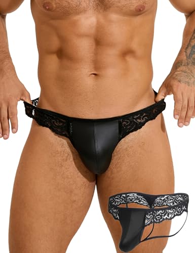 ohmydear Spitze Strings Tanga Herren Reizwäsche PU-Leder Jockstrap Unterhosen T-Back Thong Ouvert Slips Atmungsaktiv Sexy Höschen Unterwäsche für Männer L von ohmydear