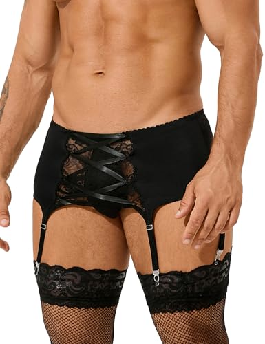 ohmydear Spitze Strumpfgürtel für Herren Strapsgürtel Schwarz mit 6 Clips Strumpfhalter Sissy Dessous Männer Reizwäsche Große Größen Garter Belt Erotische Strings Gay Unterwäsche S von ohmydear