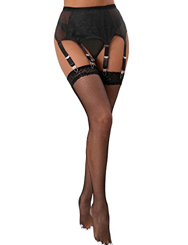 ohmydear Strapsgürtel Damen Strumpfhalter Breit mit 6 Halter Metallclips Mesh Strapsen Dessous Set G-String Hosenträger Hüfthalter Strumpfband Schwarz Strümpfe von ohmydear