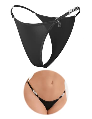 ohmydear Damen G-String Tanga Unterwäsche mit Strass T-Back Thong Niedrige Taille Atmungsaktiv & Dehnbar Unterhosen Große Größen für Alltag Schwarz M von ohmydear