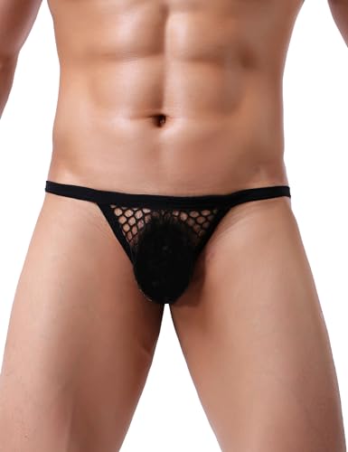 ohmydear String Tanga Männer Netz Sexy Thong Herren Low Rise Unterwäsche Bikini Thongs T-Back Transparent Fischnetz-Slip Große Größen Erotische Strings für Mann Schwarz L von ohmydear