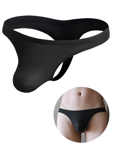 ohmydear Herren Unterwäsche Eisseide String Tanga Männer Nahtlose Slips mit U-Beutel Design Niedrige Taille Thong T Back Bequem und Atmungsaktiv ohne störende Etiketten Schwarz S von ohmydear