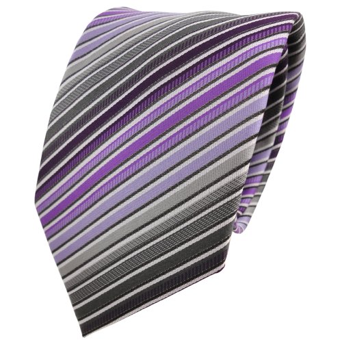 TigerTie Designer Krawatte violett lila anthrazit grau silber schwarz gestreift + Krawattennadel von TigerTie