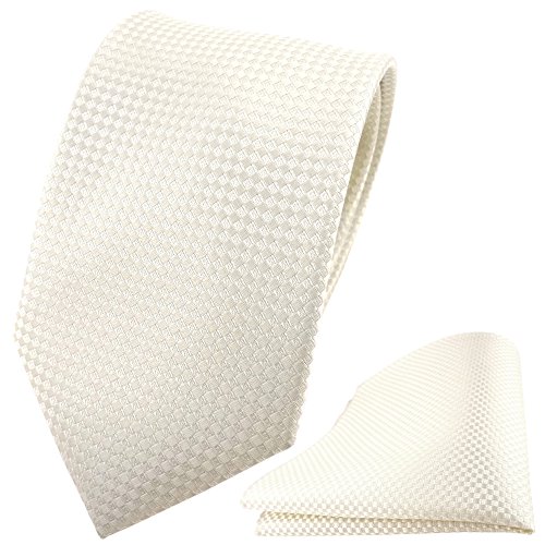 TigerTie Hochzeit Seidenkrawatte + Einstecktuch in creme kleine vierecke Uni von TigerTie