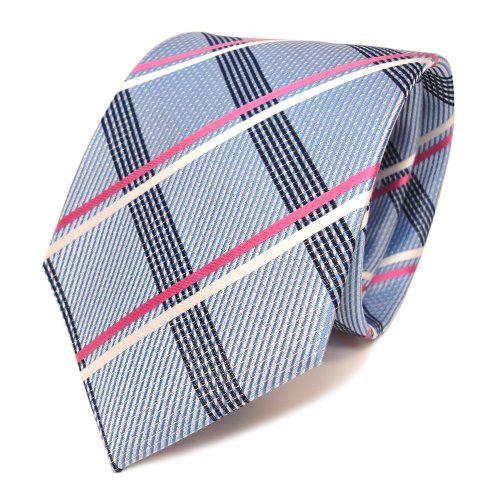 TigerTie Elegante Designer Seidenkrawatte blau hellblau pink weiss silber kariert - Krawatte Seide von TigerTie